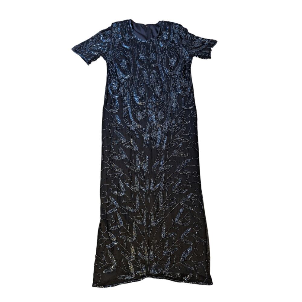 Vintage 80s Black Silk Beaded Evening Gown Art Deco Sheer Overlay Maxi Dress - Picture 16 of 16